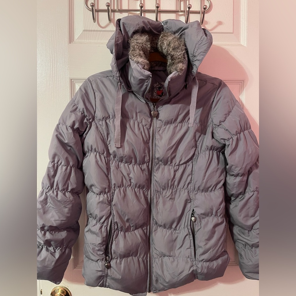 Twisted Heart Gray Hooded Jacket with Faux Fur Trim Size S